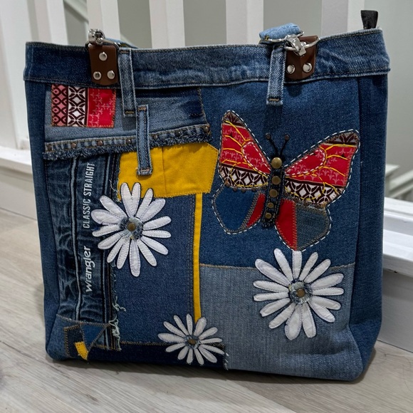 indigo treads denim designs Handbags - Upcycled Denim Tote Bag with Butterfly & Daisy Applique – One-of-a-Kind Boho Bag
